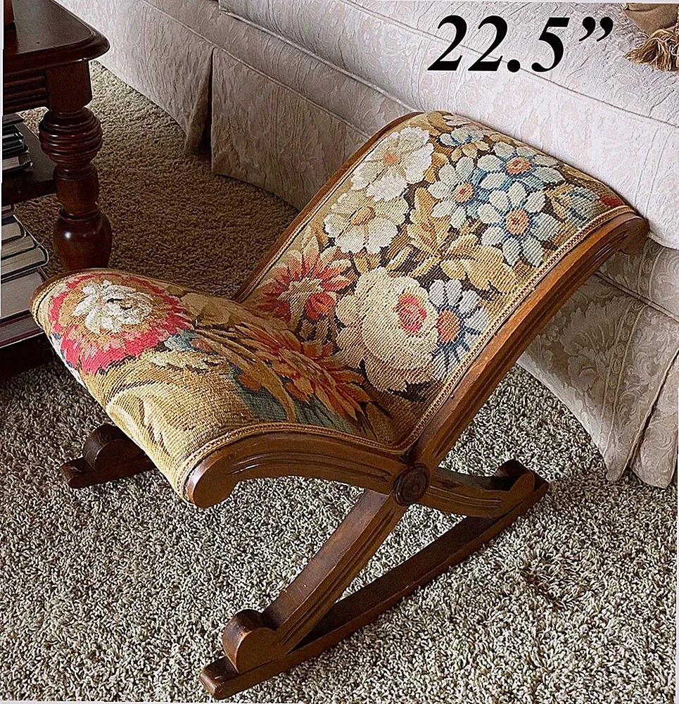 Antique French Aubusson Tapestry Bench or Foot Stool, X-Form Rocker Recliner