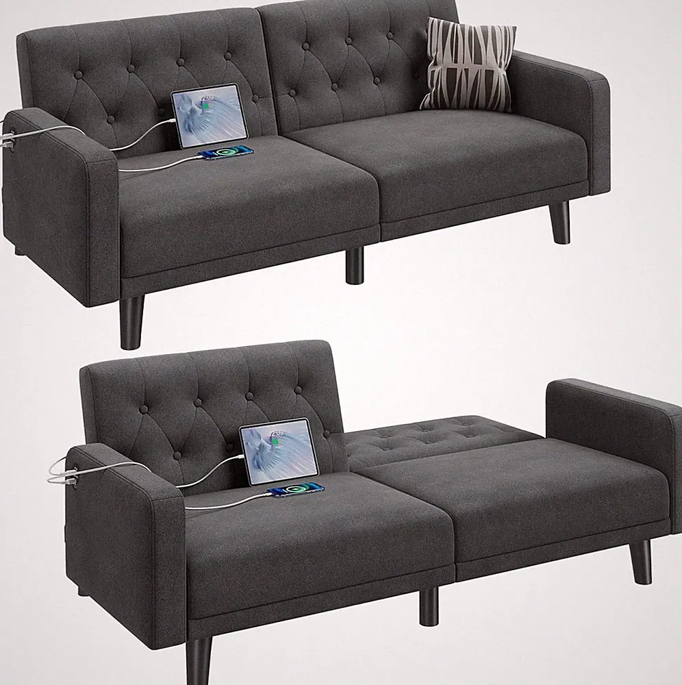 Convertible Couch Small Futon Sofa Bed USB Ports, Reclining