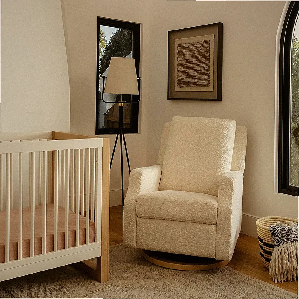 Crewe Recliner and Swivel Glider in Ivory Boucle with Light Wood Base, Greenguar