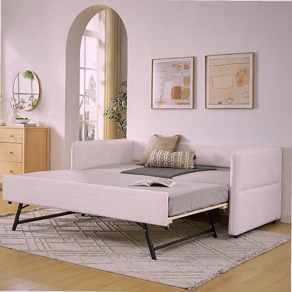 Daybed with Trundle Upholstered Tufted Sofa Bed, Twin Size, Boucle Fabric