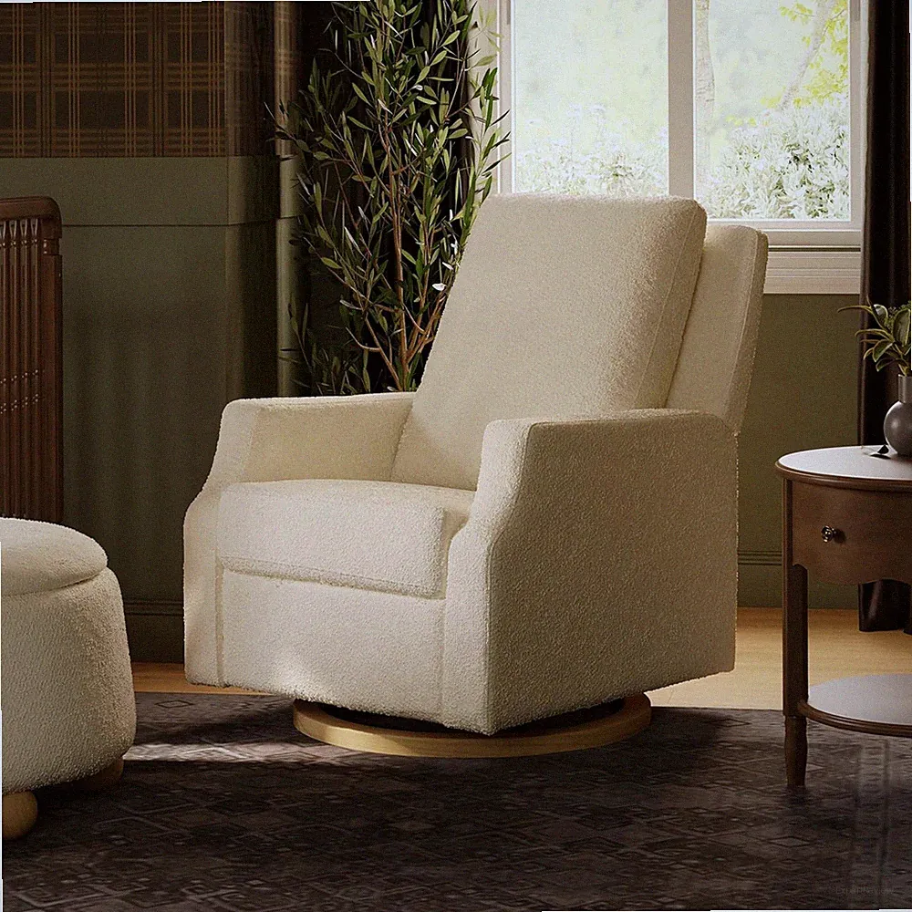 Eco-Certified Ivory Boucle Recliner & Swivel Glider with Light Wood Base