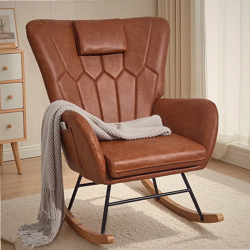 Leather/Wool Rocking Chair Upholstered Single Sofa w/Pocket Armchair Padded Seat