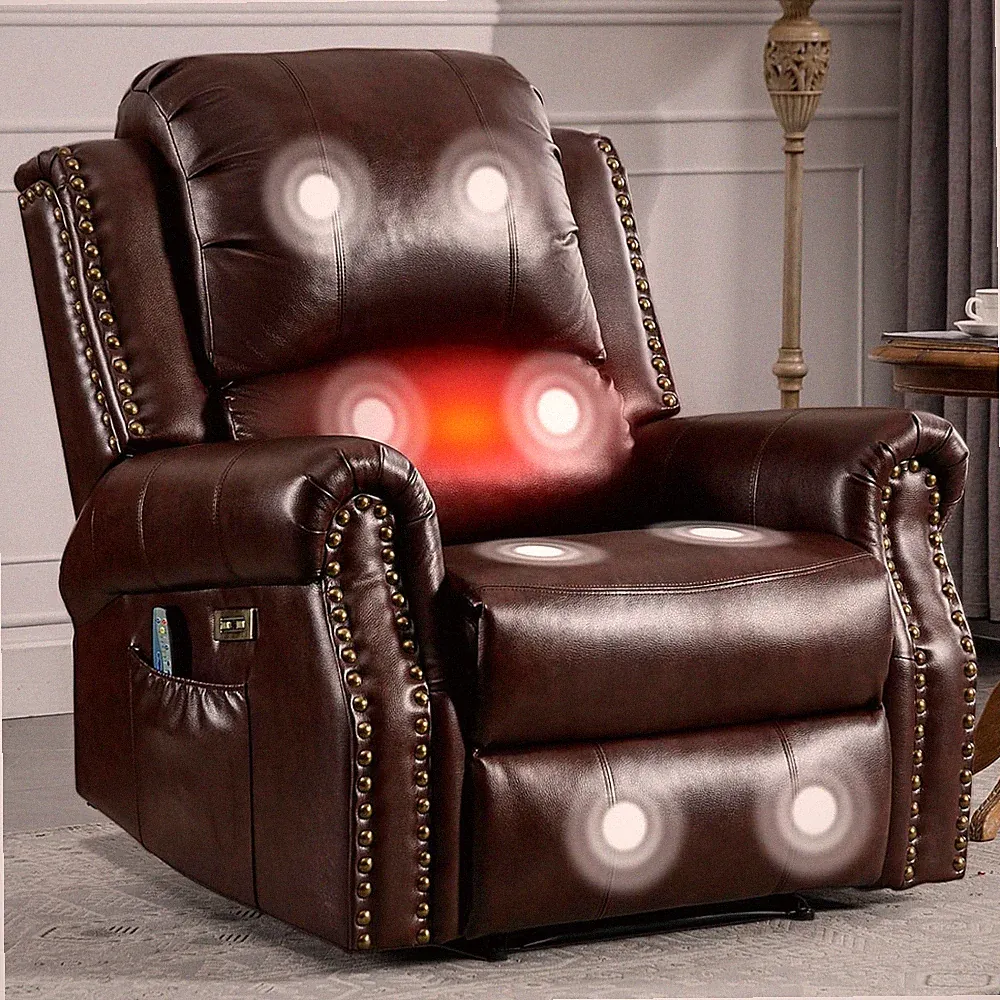 Massage & Heat Power Recliner Chair, Faux Leather, USB, Caramel Brown