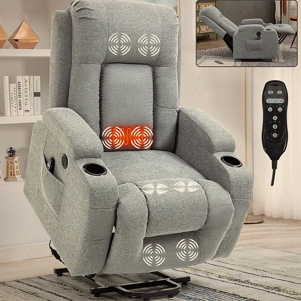 Grey Single Motor Power Lift Recliner (350LBS) – 8-Point Massage+Lumbar Heat,USB
