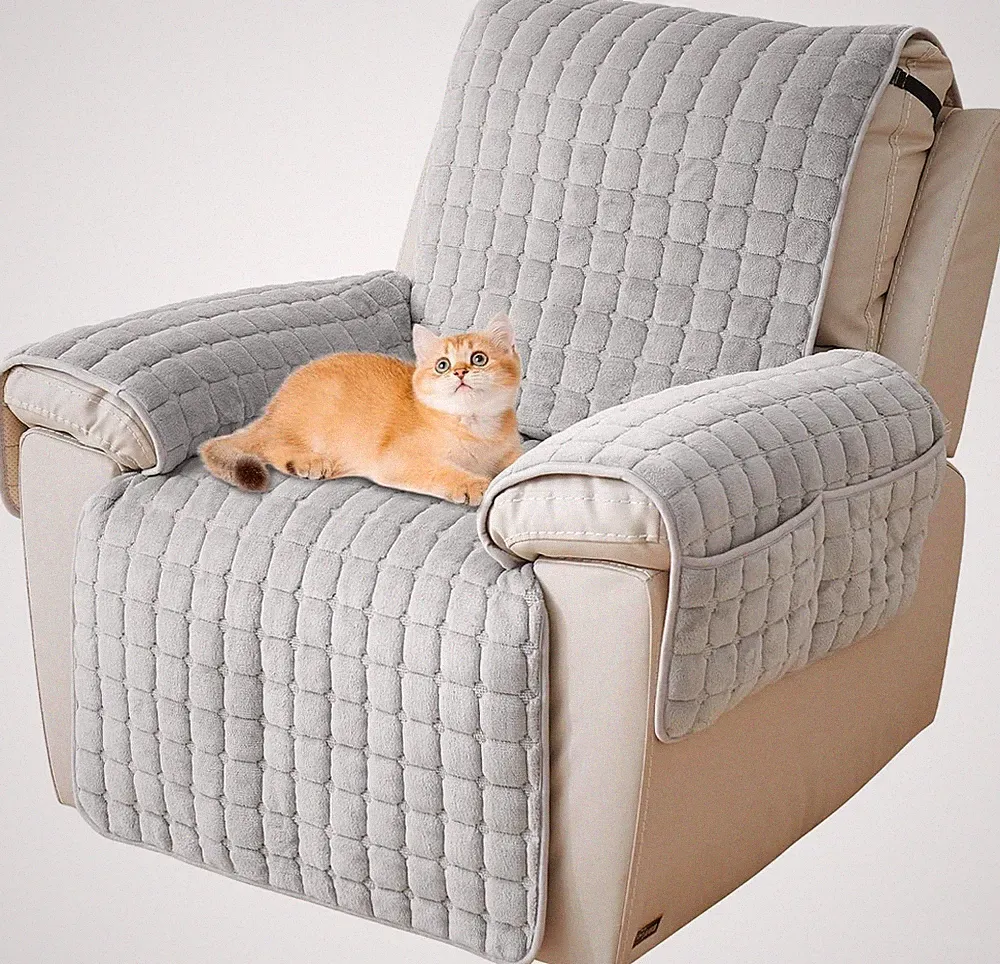 Washable Gray Recliner Slipcover Quilted Faux Wool, Child/Pet